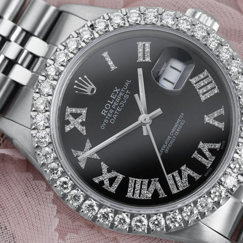 Custom Black Dial With Moissanite Diamond Roman Numerals Watch