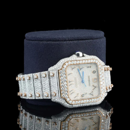Arabic Numeric Dial Dual Tone Moissanite Iced Out Watch