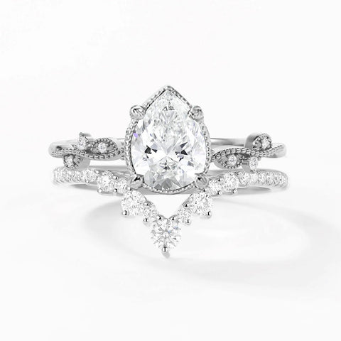 Moissanite Pear Cut  Filigree Style Wedding Ring Set