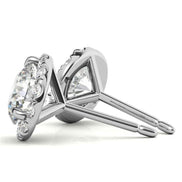 Three Prong Set Moissanite Round Cut Halo Earrings in White Gold