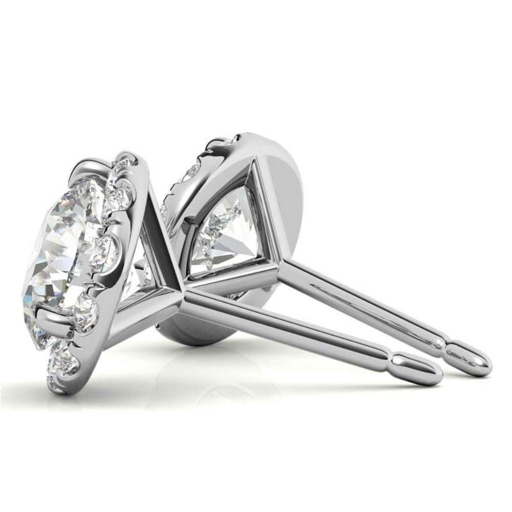 Three Prong Set Moissanite Round Cut Halo Earrings in White Gold