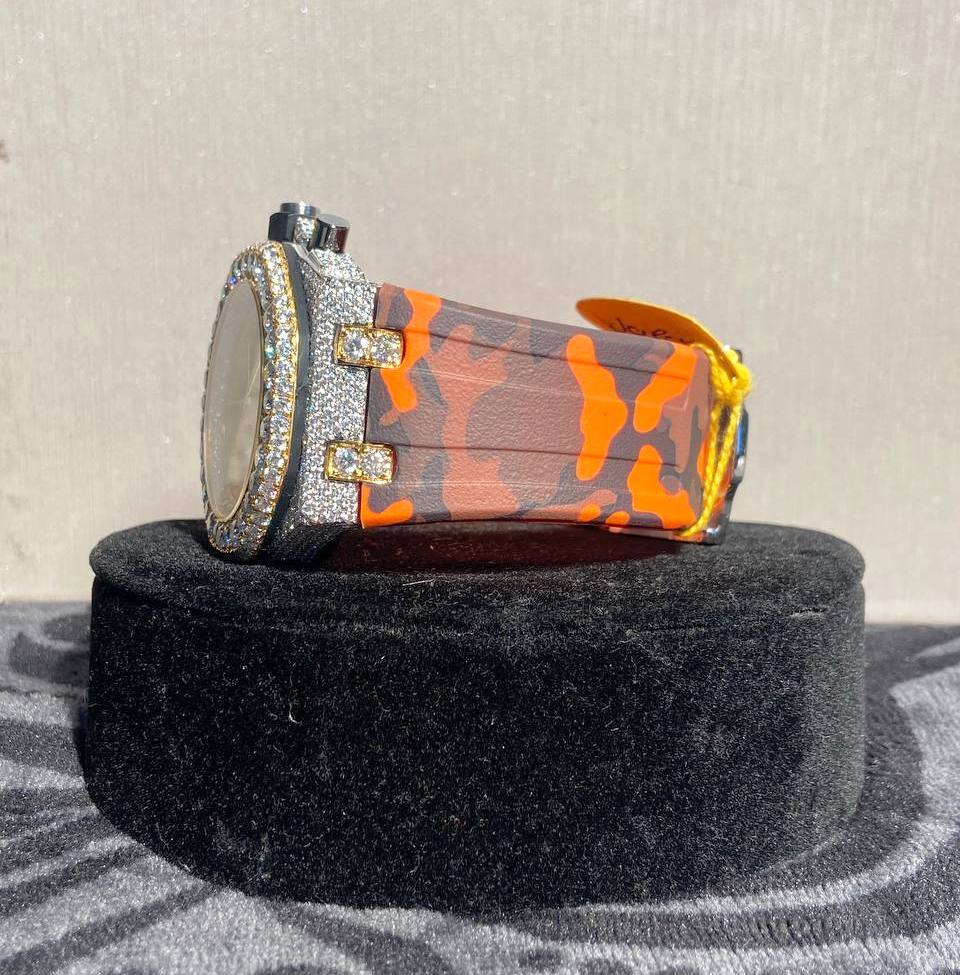 Orange Belt Moissanite Chronograph Wrist Watch For Men