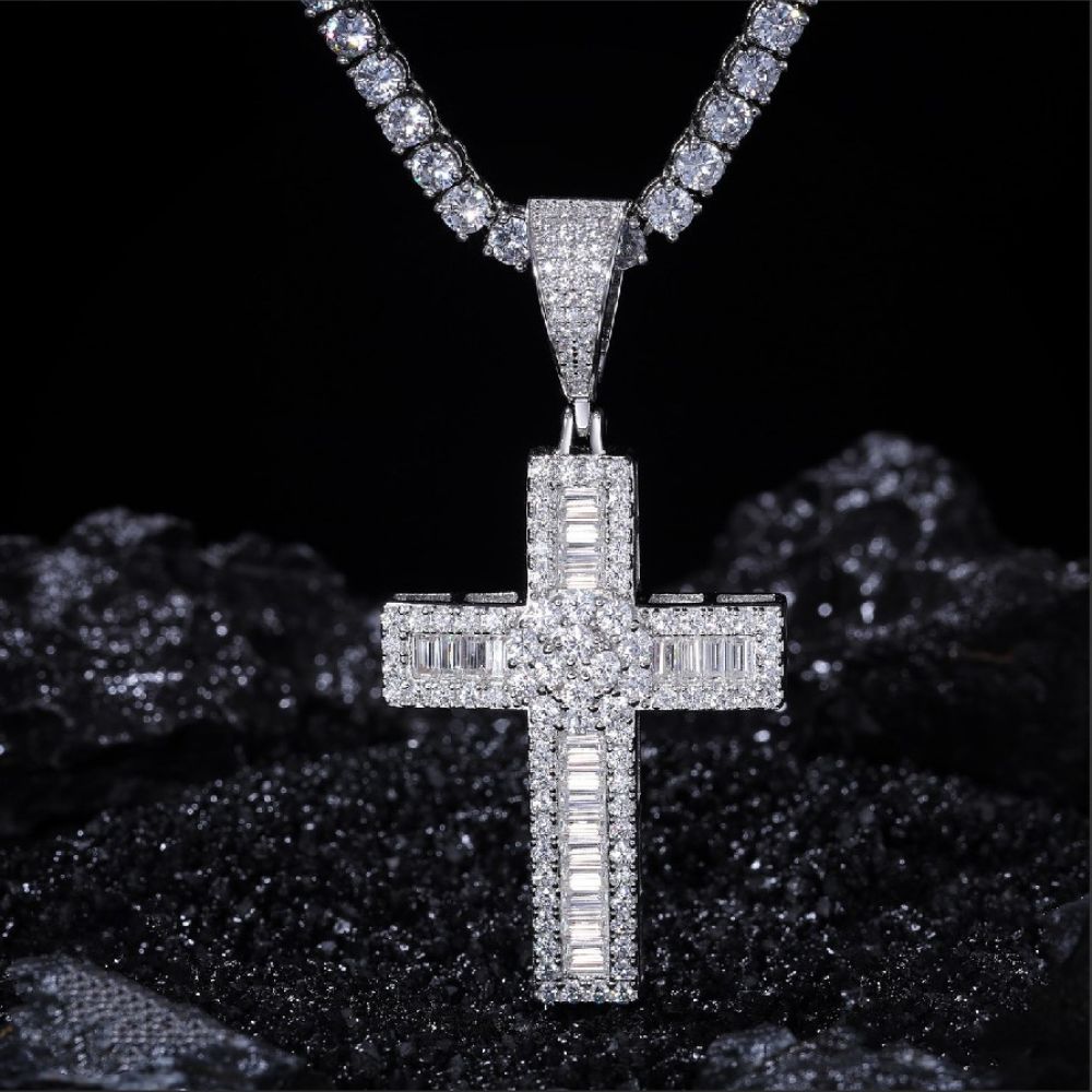 925 Silver Moissanite Baguette Cut Diamond Criss Cross Pendant