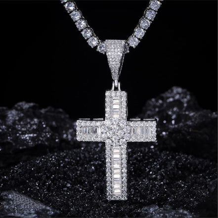 925 Silver Moissanite Baguette Cut Diamond Criss Cross Pendant