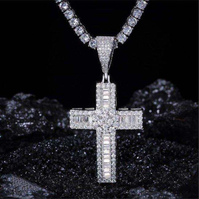 925 Silver Moissanite Baguette Cut Diamond Criss Cross Pendant