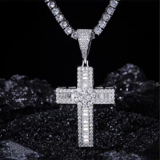 925 Silver Moissanite Baguette Cut Diamond Criss Cross Pendant