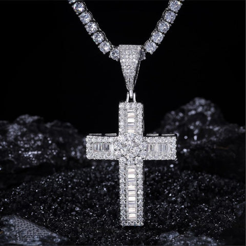 925 Silver Moissanite Baguette Cut Diamond Criss Cross Pendant