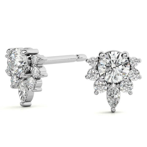Round Cut Moissanite Cluster Stud Earrings in White Gold