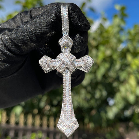 D Color Moissanite Cross Necklace For Men Baguette Pendant