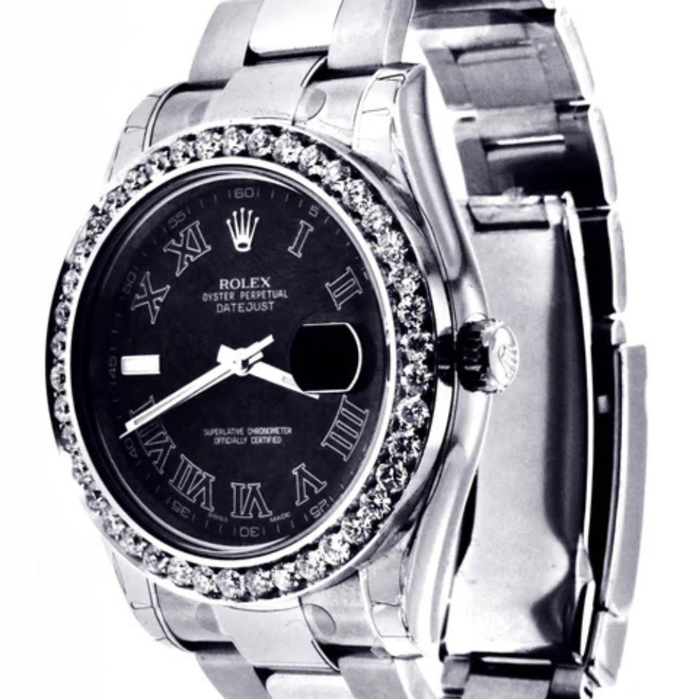 Stainless Steel Black Roman Numeral Dial Moissanite Watch