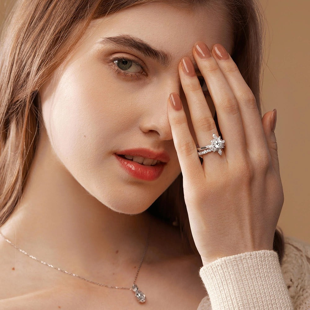 Round Cut Moissnaite Floral Halo Fancy Wedding Ring Set