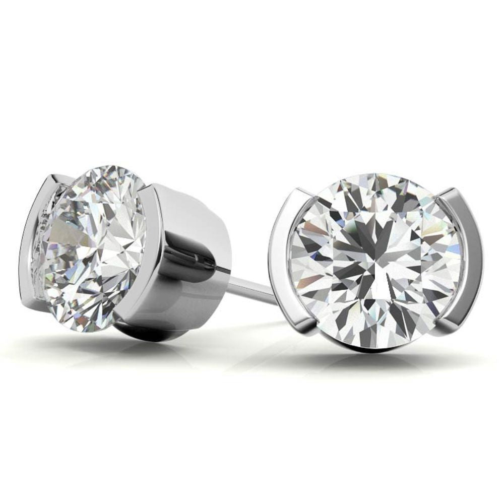 Half Bezel Round Cut Moissanite Dainty Earrings