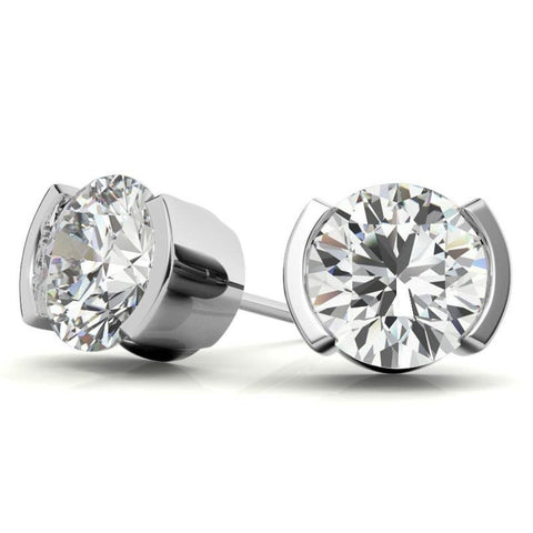 Half Bezel Round Cut Moissanite Dainty Earrings