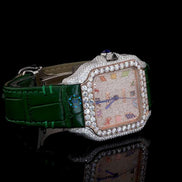 Green Color Leather Belt Moissanite Diamond Men's Watch