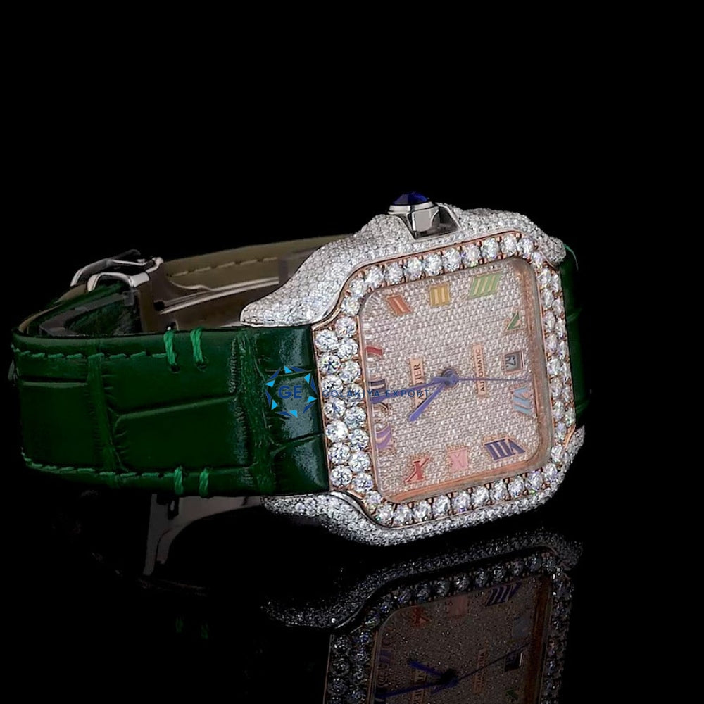 Green Color Leather Belt Moissanite Diamond Men's Watch