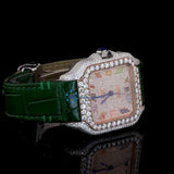 Green Color Leather Belt Moissanite Diamond Men's Watch