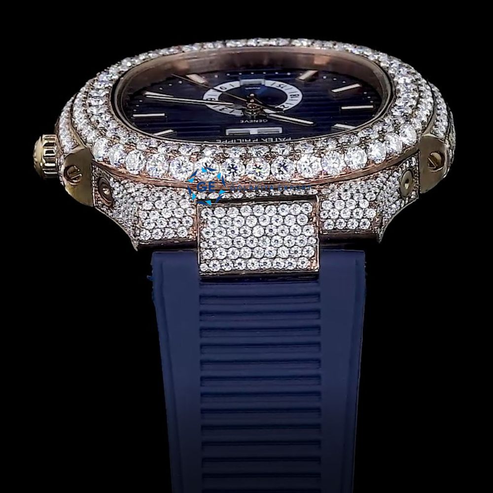 Fabulous Iced Out Blue Rubber Belt Automatic Moissanite Wrist Watch