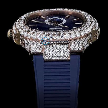 Fabulous Iced Out Blue Rubber Belt Automatic Moissanite Wrist Watch