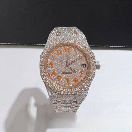 Orange Arabic Numeric Dual Tone Moissanite Watch