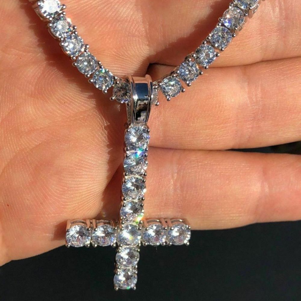 Upside Down Inverted Moissanite Tennis Cross Pendant