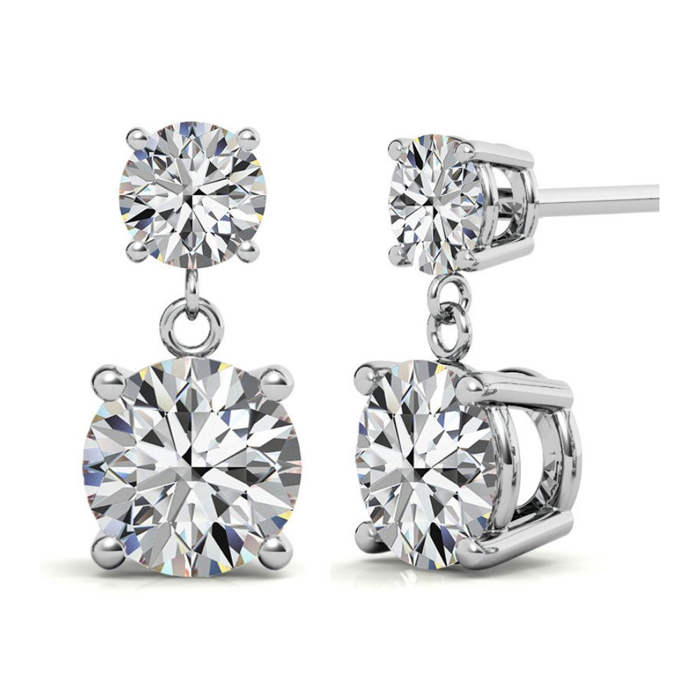 Double Round Moissanite Drop Stud Earrings in White Gold