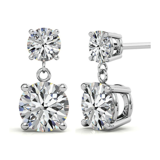 Double Round Moissanite Drop Stud Earrings in White Gold