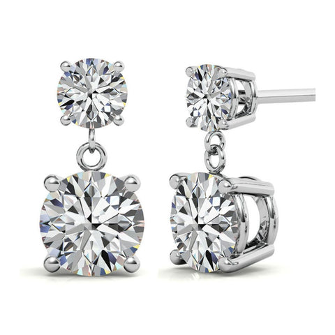Double Round Moissanite Drop Stud Earrings in White Gold