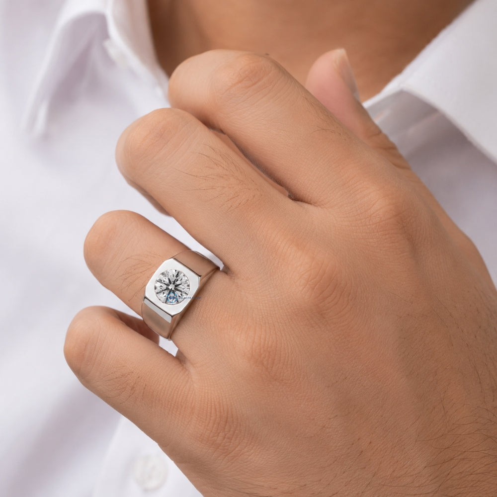 Round Cut Moissanite Signet Ring Solid Gold Statement Ring