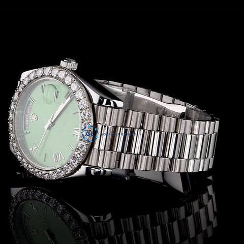 Day Date Moissanite Green Dial Wrist Watch For Men's