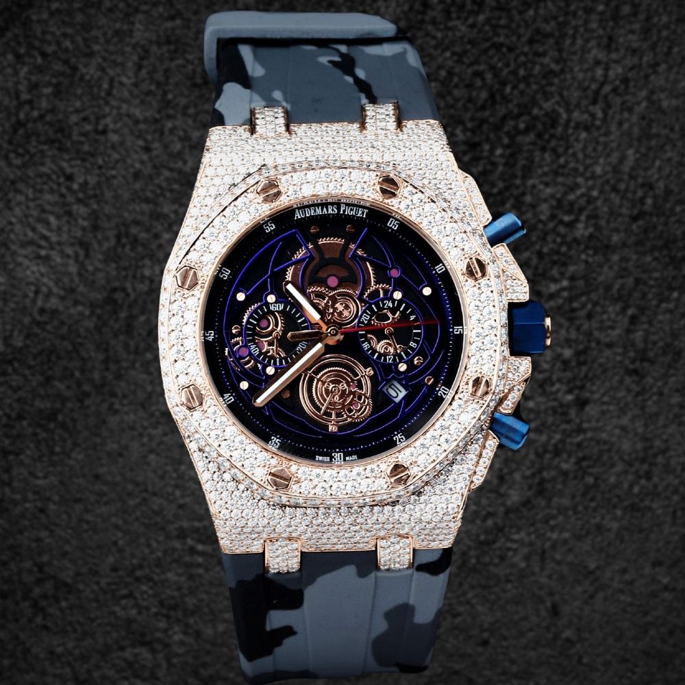 Rubber Strap Iced Out Moissanite Diamond Wrist Watch