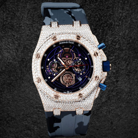 Rubber Strap Iced Out Moissanite Diamond Wrist Watch