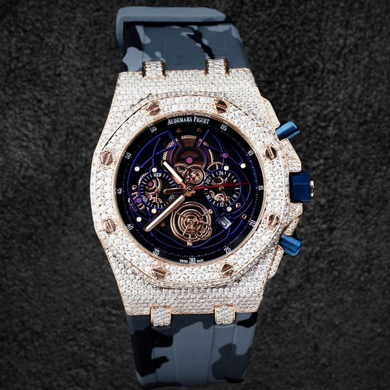 Rubber Strap Iced Out Moissanite Diamond Wrist Watch