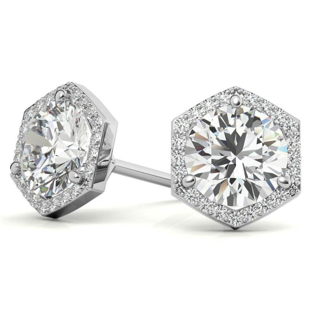 Hexagon Halo Moissanite Round Cut Stud Earrings