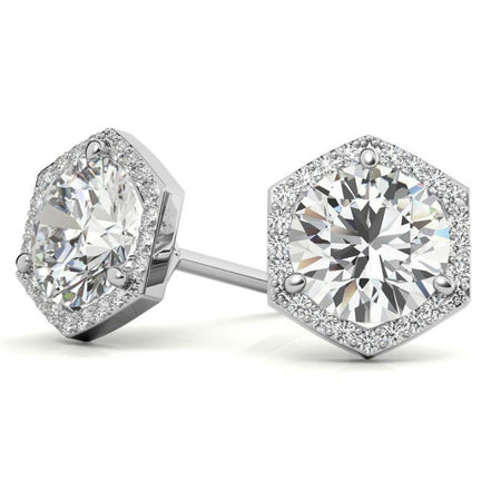 Hexagon Halo Moissanite Round Cut Stud Earrings