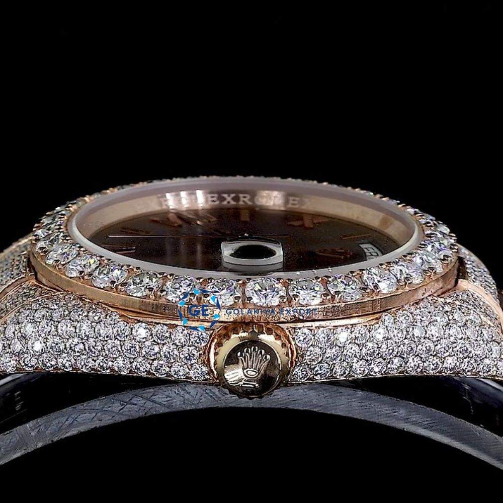 Brown Dial Day Date Moissanite Rose Gold Rapper Style Wrist Watch