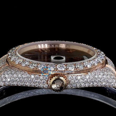 Brown Dial Day Date Moissanite Rose Gold Rapper Style Wrist Watch