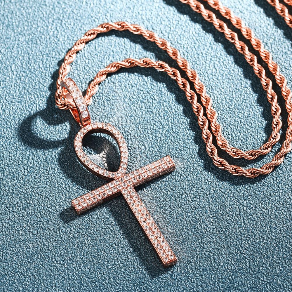 Round Cut Moissanite Ankh Cross Iced Out Pedant For Men's