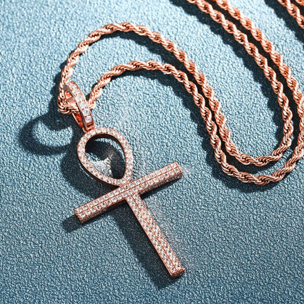 Round Cut Moissanite Ankh Cross Iced Out Pedant For Men's