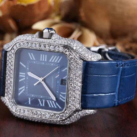 Blue Lather Belt Moissanite Diamond Watch Gift For Men's