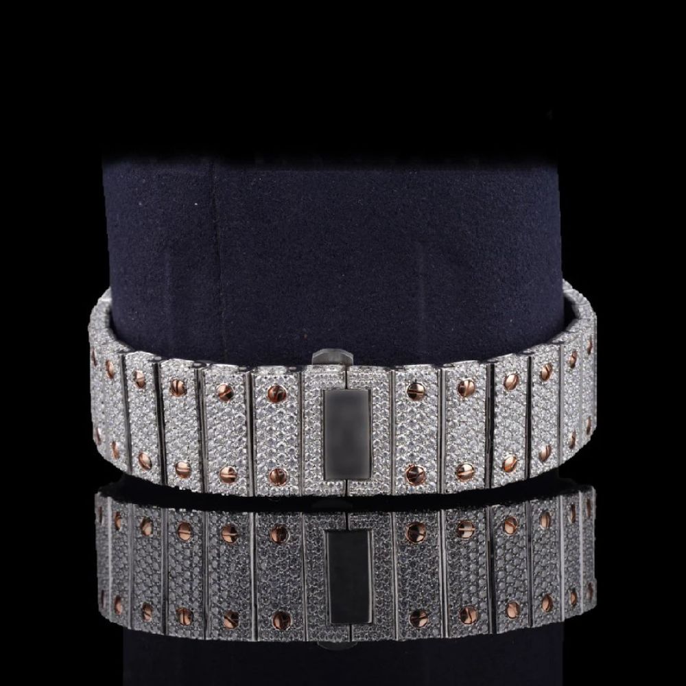 Dual Tone Colorless Moissanite Hip Hop Watch