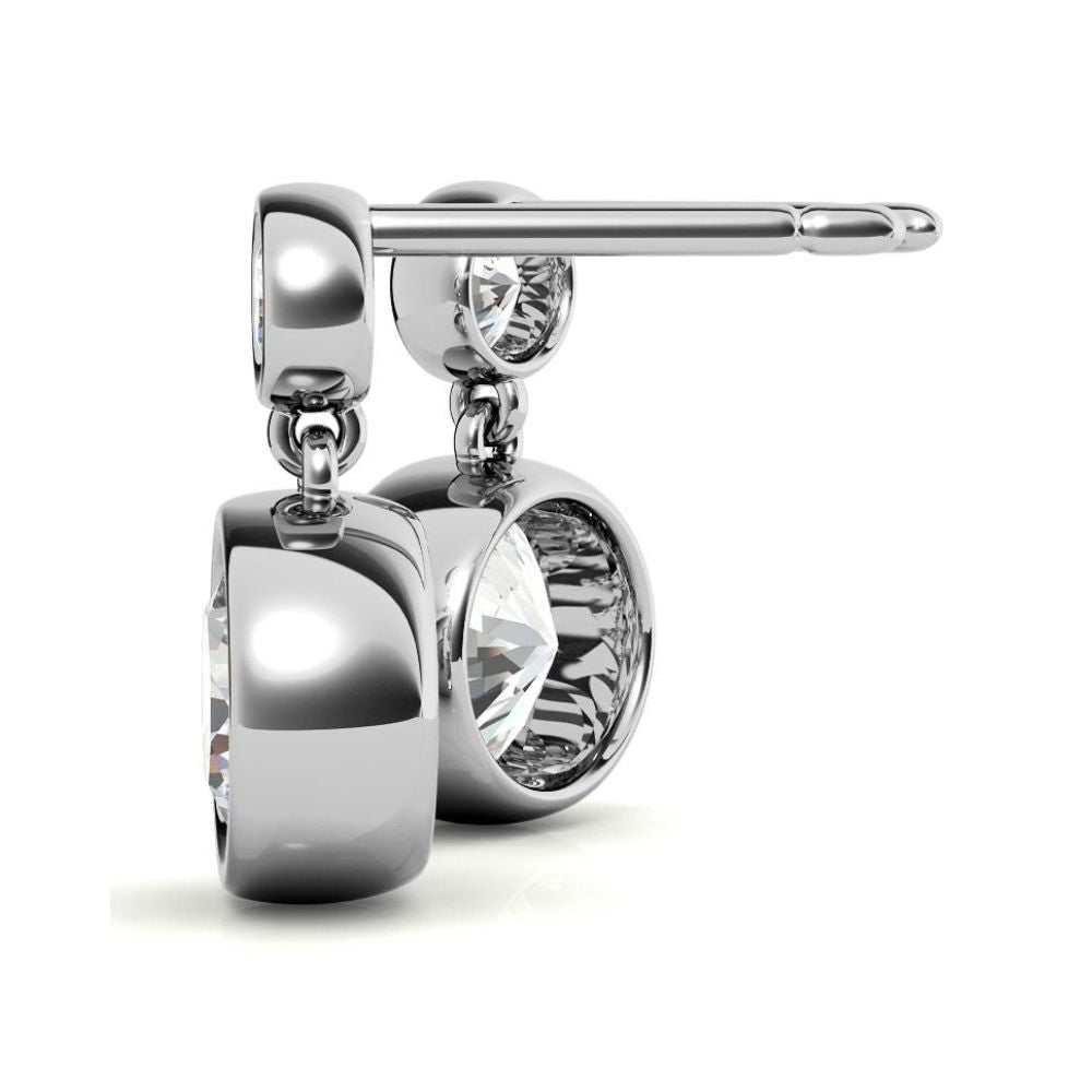 Bezel Set Double Round Cut Moissanite Drop Earrings