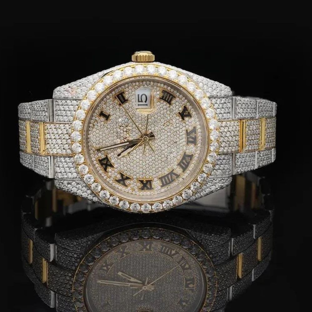 Dual Tone Iced Out Datejust Moissanite Wrist Watch