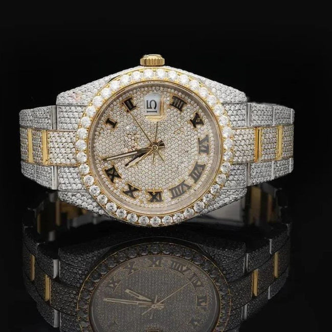 Dual Tone Iced Out Datejust Moissanite Wrist Watch