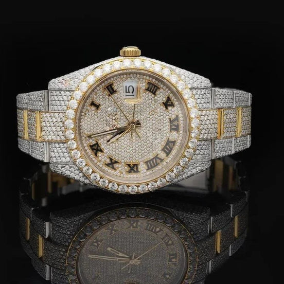 Dual Tone Iced Out Datejust Moissanite Wrist Watch