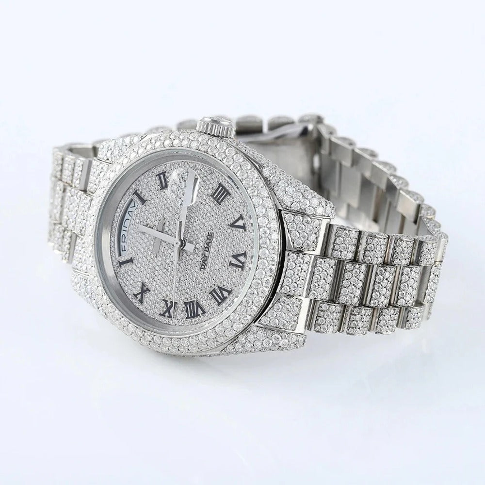Bust Down Full White Day Date Moissanite Iced Out Watch