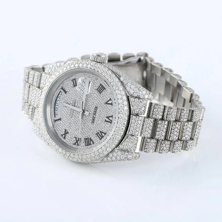 Bust Down Full White Day Date Moissanite Iced Out Watch