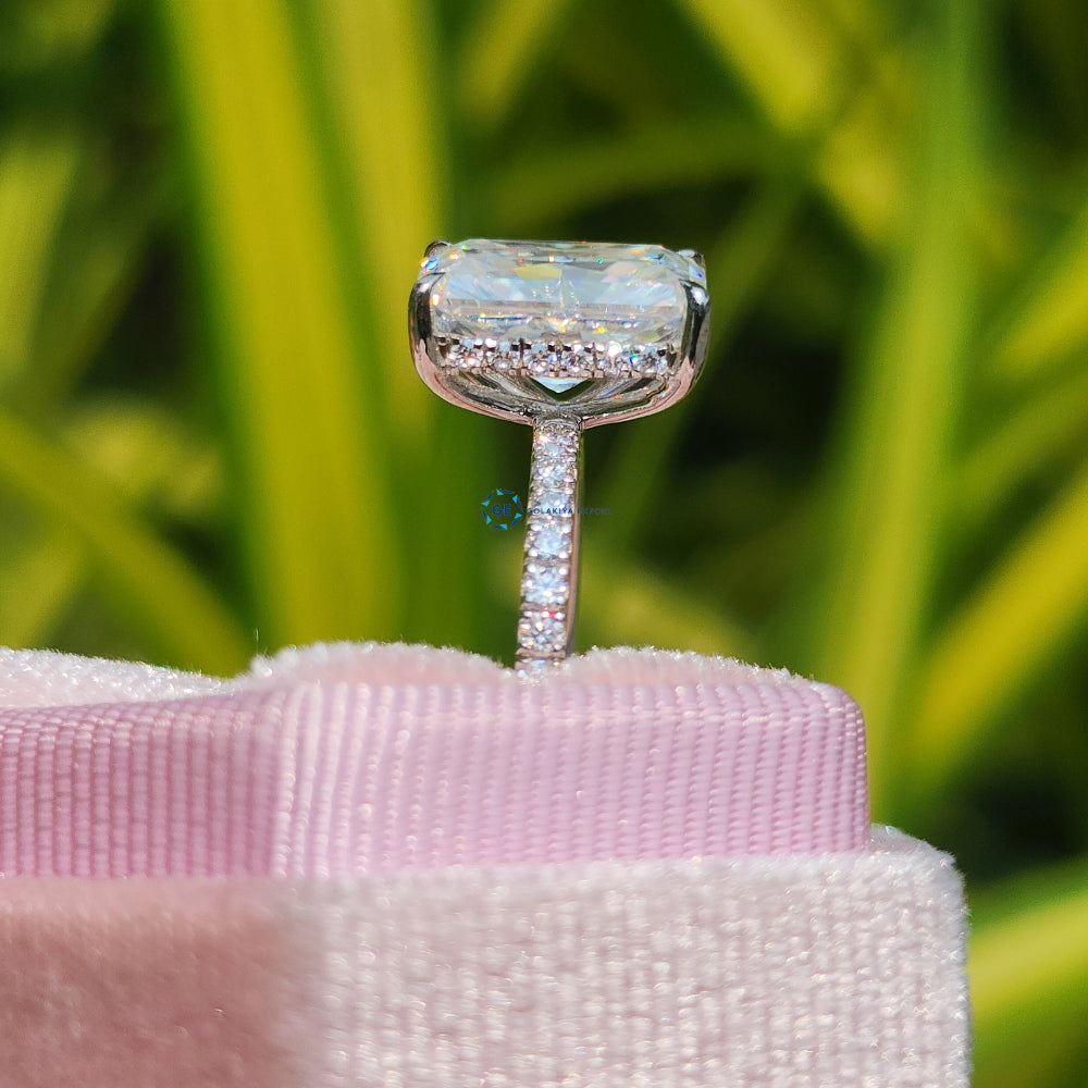 Two Stone Oval & Radiant Cut Hidden Halo Engagement Ring