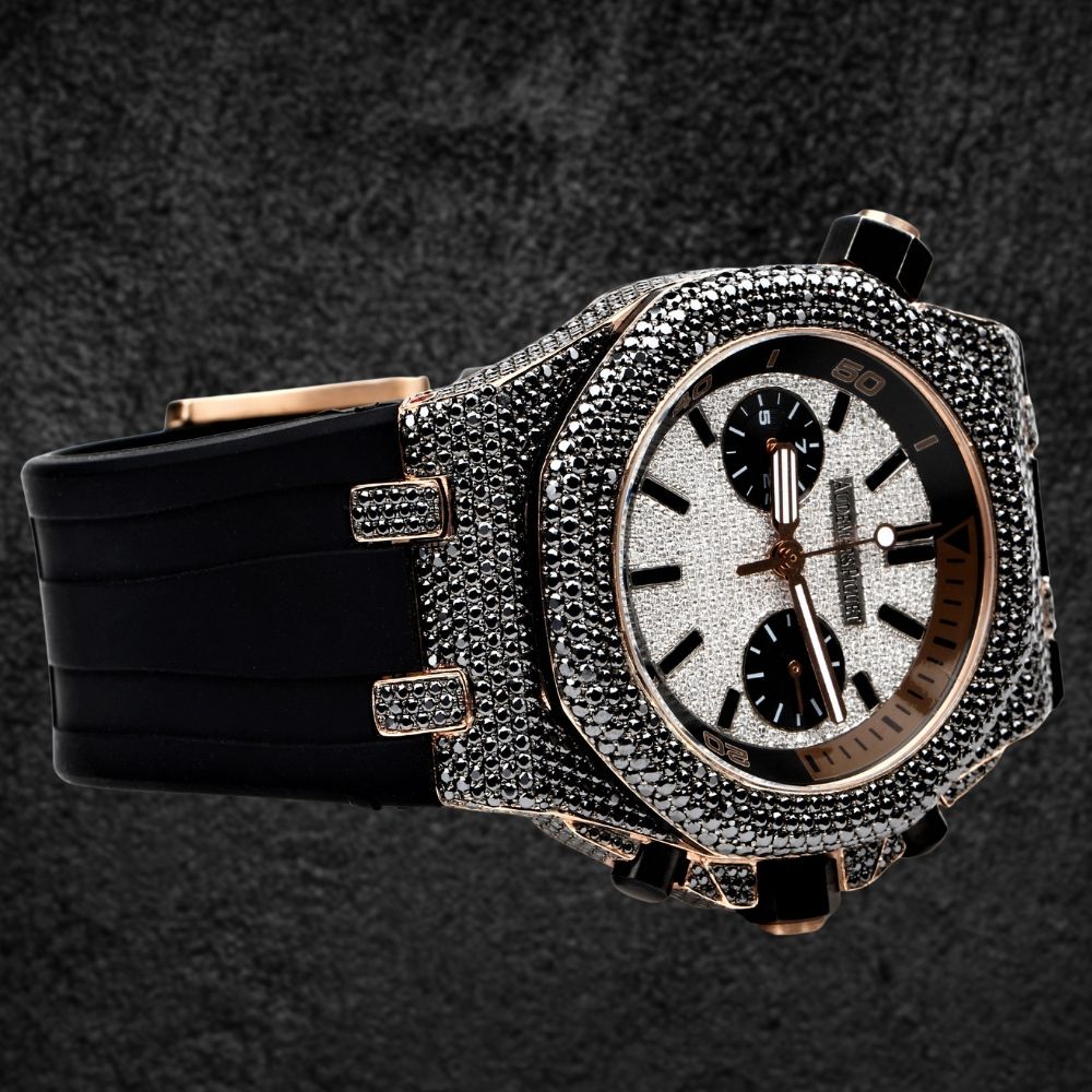 Iced Out Moissanite Diamond Stylish Black Rubber Strap Watch