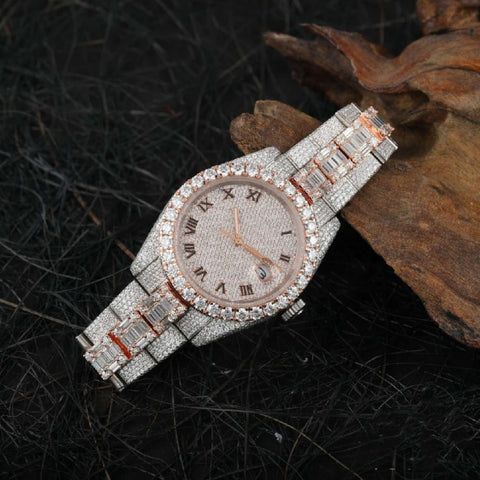 Round & Baguette Dual Tone Moissanite Wrist Watch