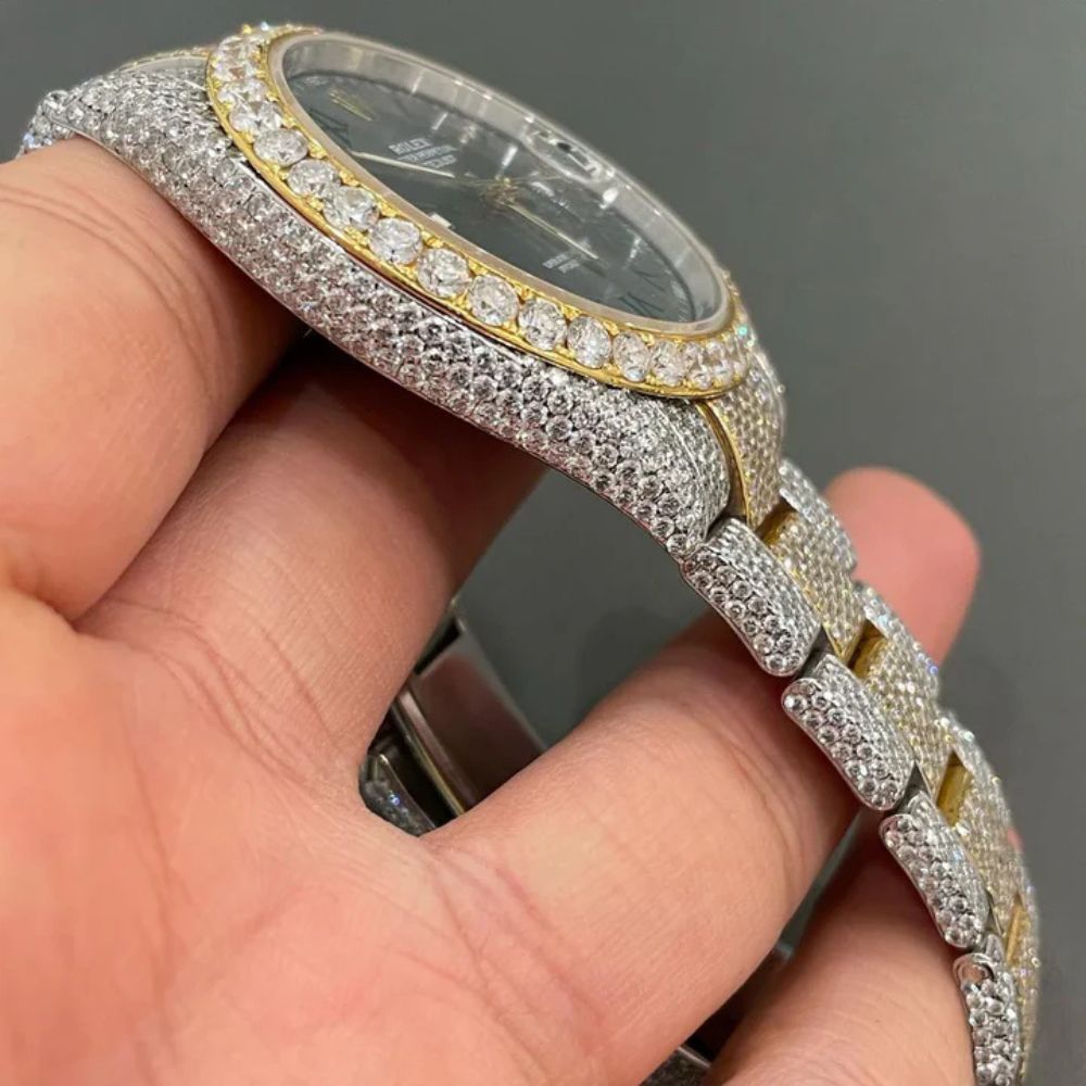 Green Roman Dial Dual Tone Moissanite Men's Watch